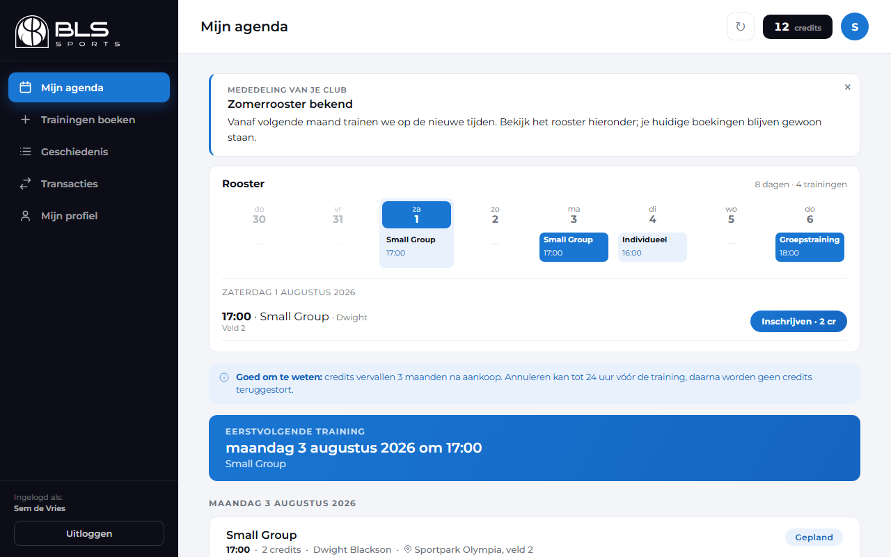 Klantportaal: tabblad Mijn agenda met rooster en clubmededeling